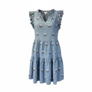 A Loves A Chambray Embroidered Ruffle Tiered Dress with Pockets | Size M | NWT